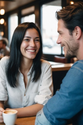 Mann und Frau sitzen lachend im Café