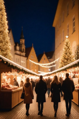 Vier Freunde laufen abends über den Weihnachtsmarkt