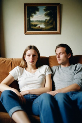 Junges Paar sitzt gelangweilt auf dem Sofa in altmodischem Wohnzimmer