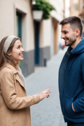 Paar beim Date in der Stadt steht sich schüchtern gegenüber