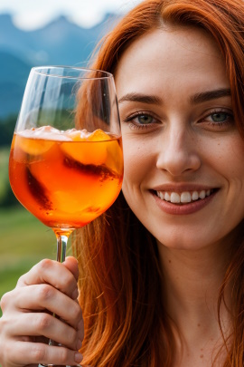 Lächelnde Frau hält Glas mit Aperol Spritz vor Berglandschaft