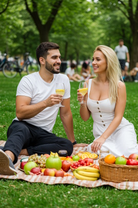 Mann und Frau machen romantisches Picknick im sommerlichen Park