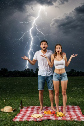 Paar wird beim Picknick auf dem Feld vom Gewitter überrascht