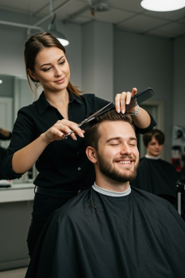 Mann lässt sich von Friseurin die Haare schneiden