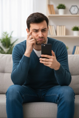 Mann sitzt zu Hause auf dem Sofa und schaut frustriert aufs Handy