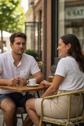 Mann schaut lachende Partnerin kritisch an beim Date vorm Café