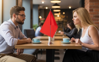 Mann und Frau sitzen beim Date im Café mit roter Flagge auf dem Tisch
