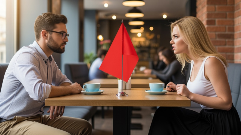Mann und Frau sitzen beim Date im Café mit roter Flagge auf dem Tisch