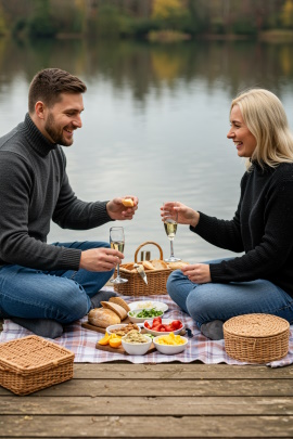 Paar macht Picknick auf einem Steg am See bei kühlem Wetter