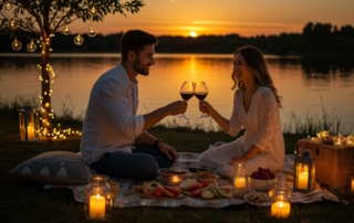 Verliebtes Paar macht Picknick am See bei Sonnenuntergang