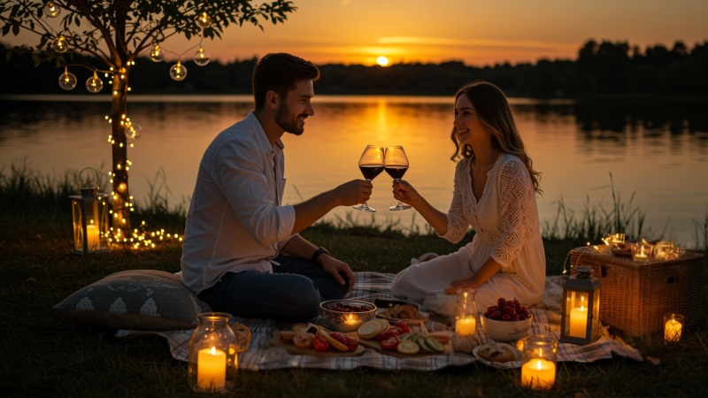 Verliebtes Paar macht Picknick am See bei Sonnenuntergang