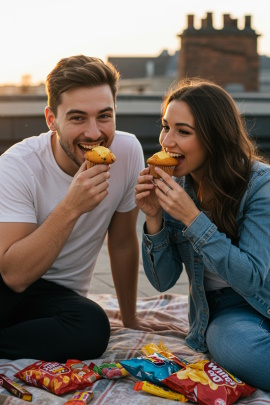 Mann und Frau essen Muffins beim Picknicken auf Dachterrasse
