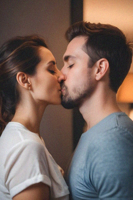 Paar steht küssend in der halb dunklen Wohnung