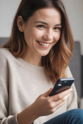 Frau mit Smartphone sitzt lachend auf dem Sofa