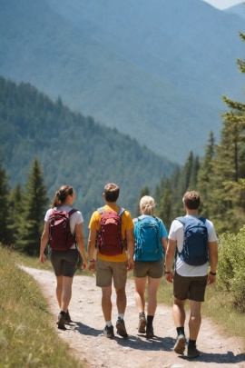 Vier Freunde wandern im Sommer durch die Berge