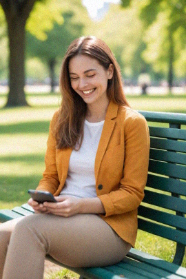 Frau sitzt im Park auf der Bank und schaut lachend aufs Handy