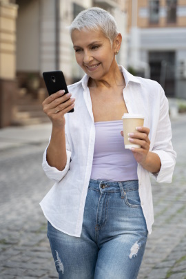 Ältere Frau über 50 mit kurzen Haaren schaut lächelnd aufs Handy