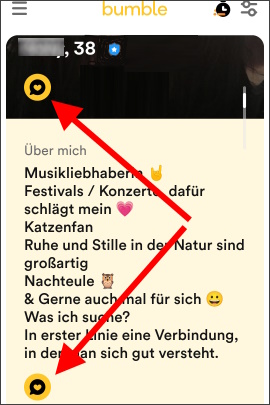 Profil in Bumble mit Buttons für die Komplimente-Funktion