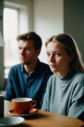 Paar sitzt gelangweilt im Wohnzimmer beim Kaffee