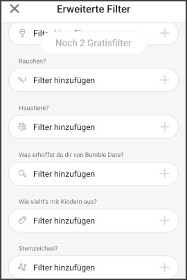 Menü mit den Suchkriterien in der Bumble-App