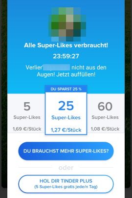 Angebot mit verschiedenen Paketen für Super-Likes in Tinder zum Kaufen