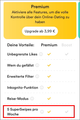 Übersicht mit Abo-Zusatzfunktionen in Bumble