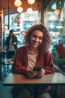 Frau sitzt im Café mit Handy und lächelt verliebt