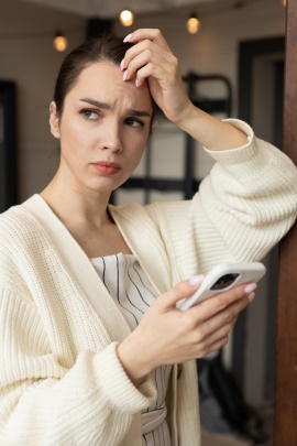 Frau mit Handy schaut unglücklich zur Seite