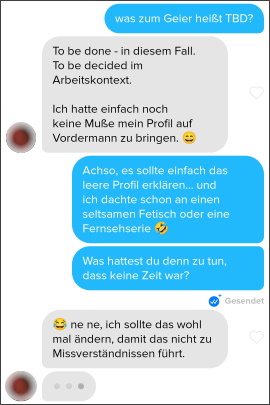 In Chat-Nachricht wird Tinder-Abkürzung erklärt