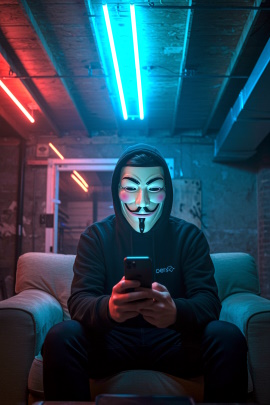 Person mit Hacker-Maske sitzt im Keller am Smartphone
