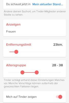 Einstellungsmenü in Tinder