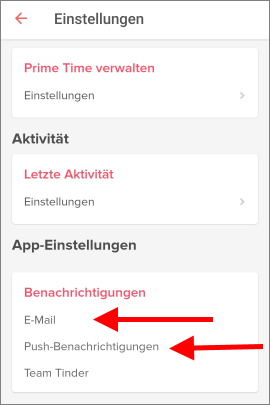 Einstellungen in Tinder, um Benachrichtigungen zu aktivieren