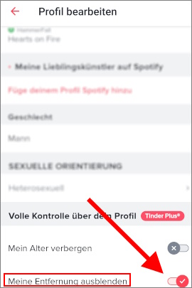 Einstellungen in Tinder, um Entfernung im Profil auszublenden
