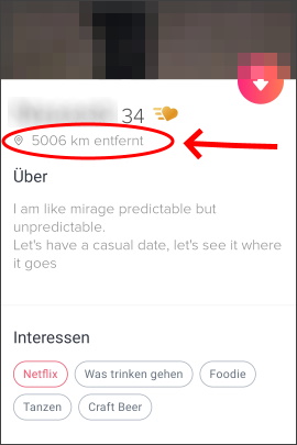 Fake-Profil in Tinder mit weit entferntem Standort