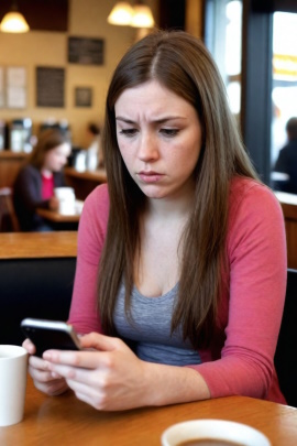 Frau sitzt im Café und schaut unzufrieden aufs Smartphone