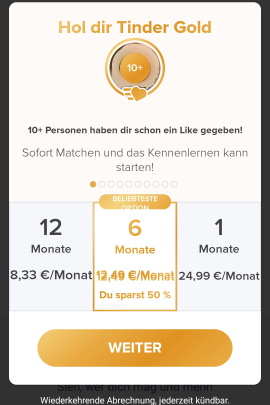 Übersicht der Kosten für Tinder Gold auf Android-Handy