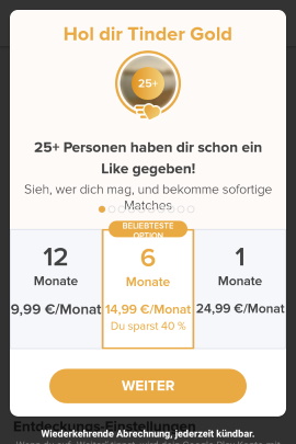 Laufzeiten und Kosten fürs Tinder-Abo