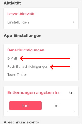 Menü für Einstellungen für Benachrichtigungen in Tinder