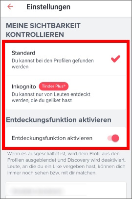 Einstellungen in Tinder, um sein Profil unsichtbar zu machen