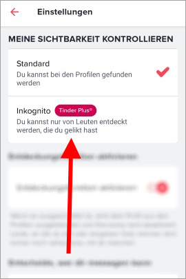 Menü bei Tinder, um die Inkognito-Funktion zu aktivieren