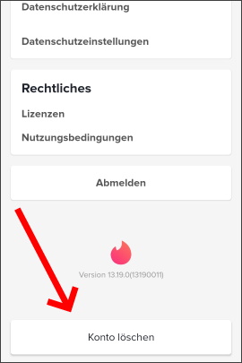 Einstellungen in Tinder mit Button zum Konto löschen