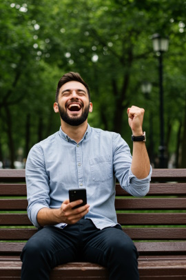Mann sitzt mit Handy auf der Parkbank und reckt freudig die Faust in die Höhe