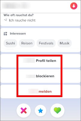 Tinder-Profil beim Swipen mit Optionen zum Blockieren und Melden