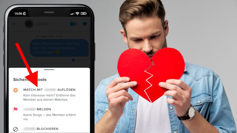 Mann hält gebrochenes Herz neben Smartphone mit aufgelöstem Match