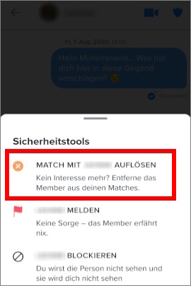 Pop-up-Menü in Tinder, um Matches zu löschen