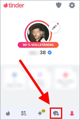 Tinder-Profilseite, wo man Chat-Menü öffnen kann