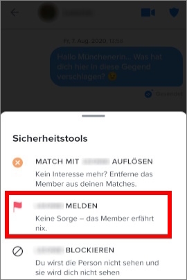 Pop-up-Menü, um Tinder-Profil zu melden