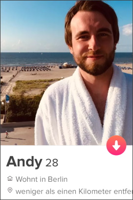 Tinder-Profil eines Mannes mit Foto vom Strand