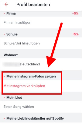 Tinder-Menü, wo man die Verknüpfung mit Instagram herstellt