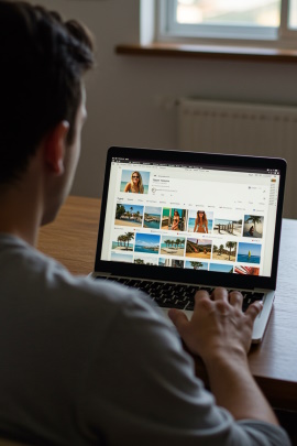 Mann schaut sich das Social Media Profil einer Frau am Laptop an
